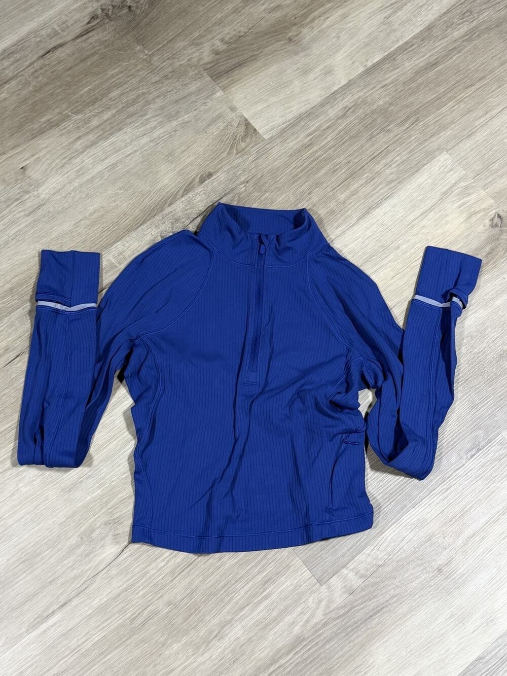 Lululemon Its Rulu Run Ribbed Cropped Half Zip Womens Size 6 Blue Thumbholes